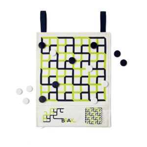 A fabric board game with a green and black grid pattern, black and white playing pieces, and a logo reading "BRAX" at the bottom.