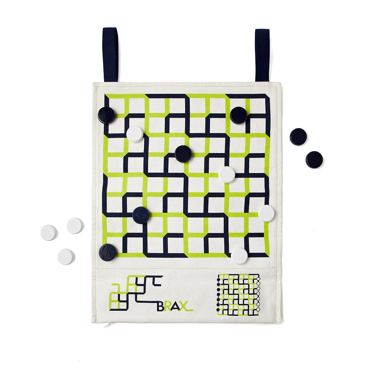 A fabric board game with a green and black grid pattern, black and white playing pieces, and a logo reading "BRAX" at the bottom.