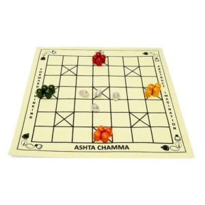 A traditional Ashta Chamma board game setup with four groups of colored tokens: red, orange, green, and white shells, arranged at the starting points on the board.