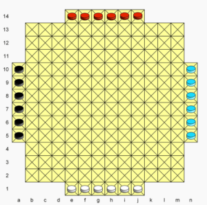 A Chinese Checkers game board with each point of the star marked with numbers and letters, starting pieces for three players are positioned at the tips of the star in red, black, and blue.