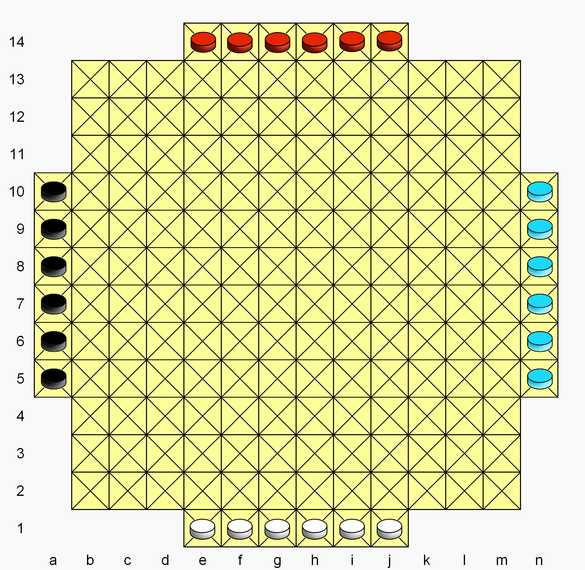 A Chinese Checkers game board with each point of the star marked with numbers and letters, starting pieces for three players are positioned at the tips of the star in red, black, and blue.