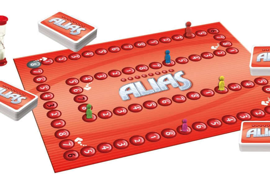 A board game setup with a red game board labeled "ALIAS" surrounded by playing pieces, decks of cards, and a sand timer, all against a white background.