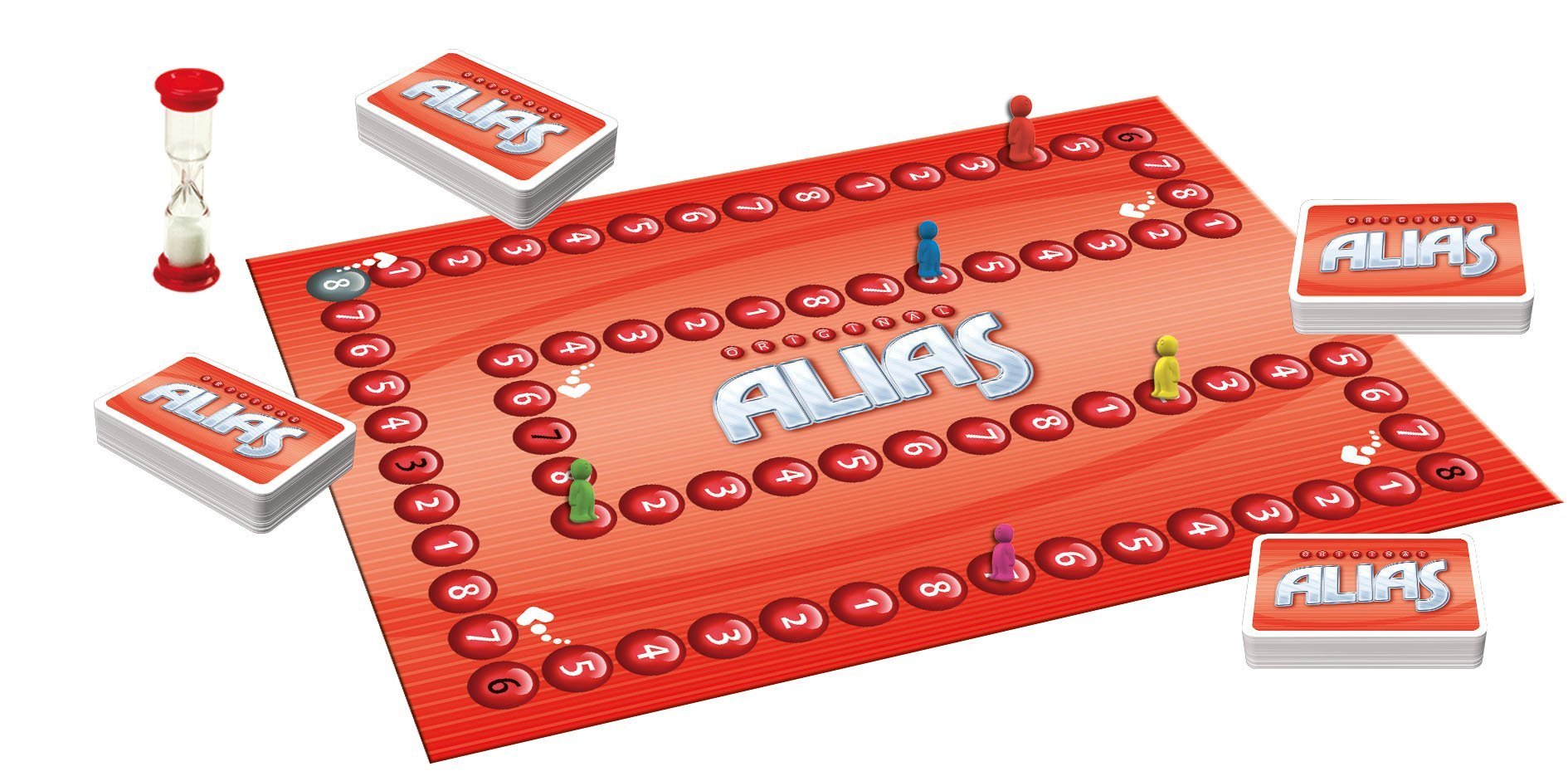 A board game setup with a red game board labeled "ALIAS" surrounded by playing pieces, decks of cards, and a sand timer, all against a white background.