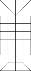 A geometric line drawing featuring an arrangement of squares and triangles creating the illusion of a three-dimensional cube from a two-dimensional perspective.