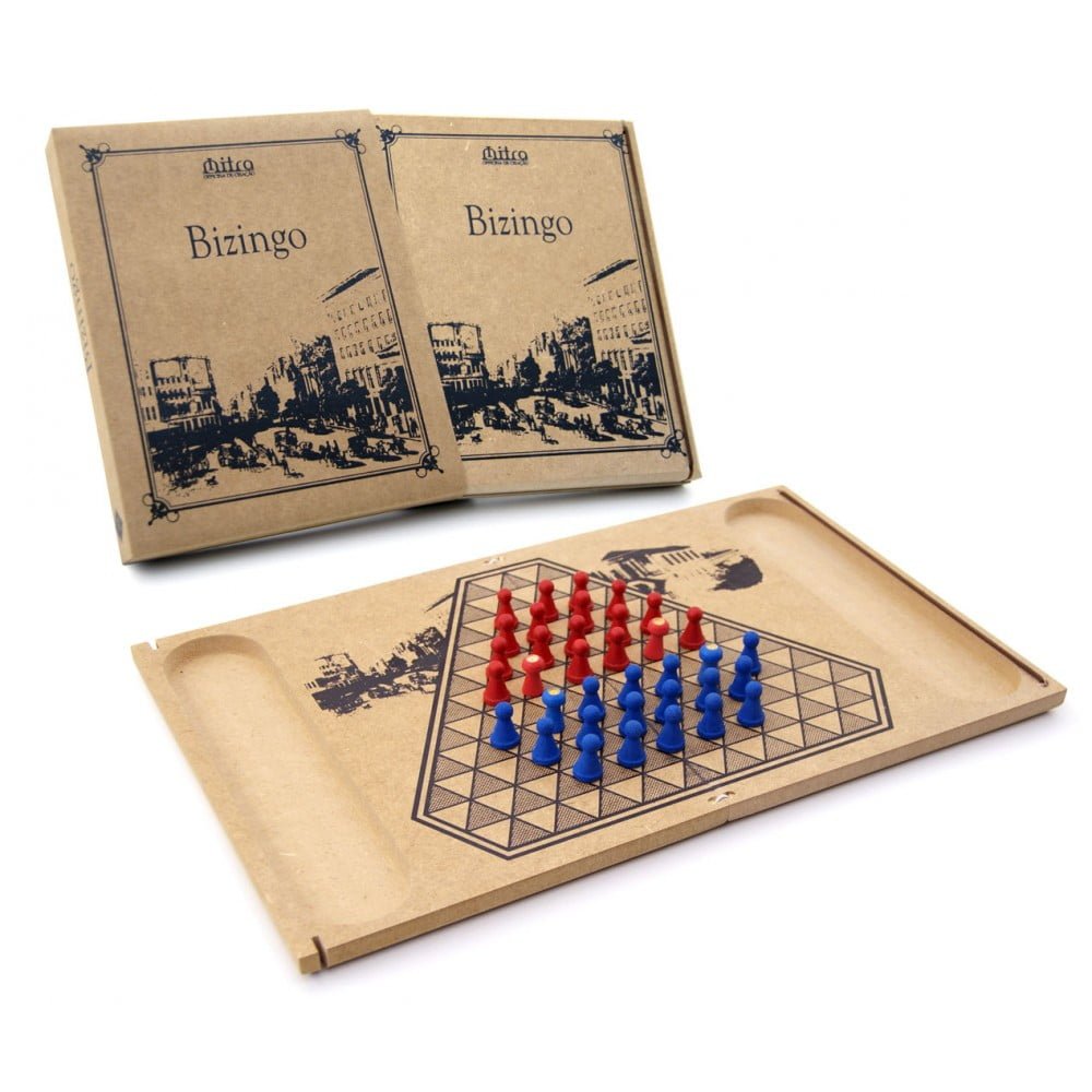 A vintage Bizingo board game with blue and red pegs on the board, and the game's box displaying the name "Bizingo" and an old city scene in the background.