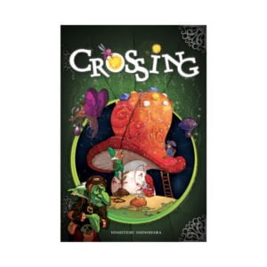 Alt text: The image shows a colorful cover for "Crossing," featuring whimsically illustrated characters: a green creature with a hat and a backpack, and a white sprite with red details, both under a large, ornate orange mushroom. The background suggests a nighttime scene with whimsical plants and two small human-like figures on the mushroom stalk. The name "Yoshiteru Shinohara" appears at the bottom.
