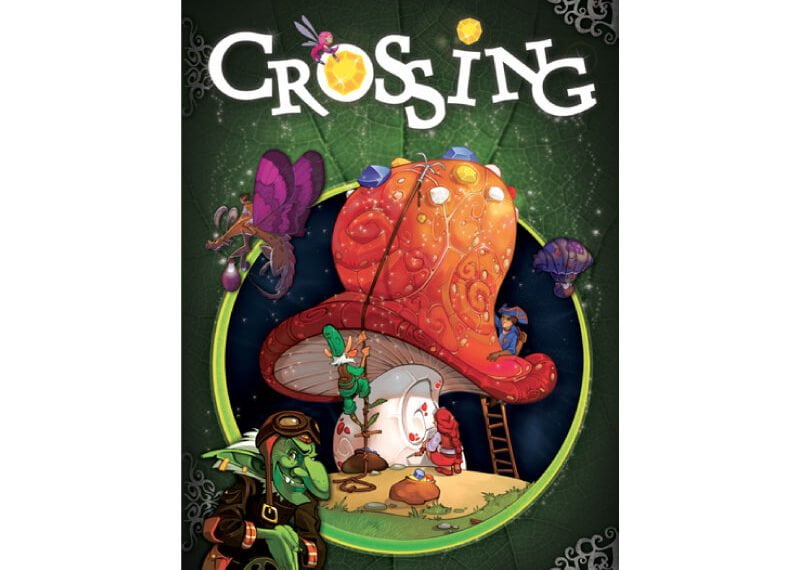 Alt text: The image shows a colorful cover for "Crossing," featuring whimsically illustrated characters: a green creature with a hat and a backpack, and a white sprite with red details, both under a large, ornate orange mushroom. The background suggests a nighttime scene with whimsical plants and two small human-like figures on the mushroom stalk. The name "Yoshiteru Shinohara" appears at the bottom.