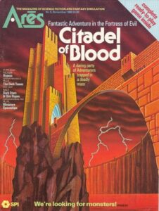 Cover of Ares magazine featuring the title "Citadel of Blood" with an illustration of a red fortress atop a dark rocky outcrop, a bridge leading to it, and a background of a stormy sky with lightning. The cover includes text for article titles and the tagline "The magazine of science fiction and fantasy simulation."