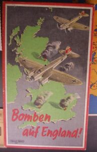 Vintage propaganda poster featuring a map of Great Britain with three aircraft overhead and clouds of smoke on the ground, with the text "Bomben auf England!" at the bottom.