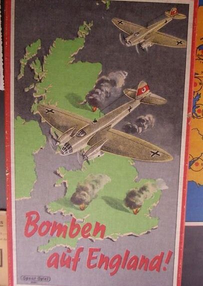 Vintage propaganda poster featuring a map of Great Britain with three aircraft overhead and clouds of smoke on the ground, with the text "Bomben auf England!" at the bottom.