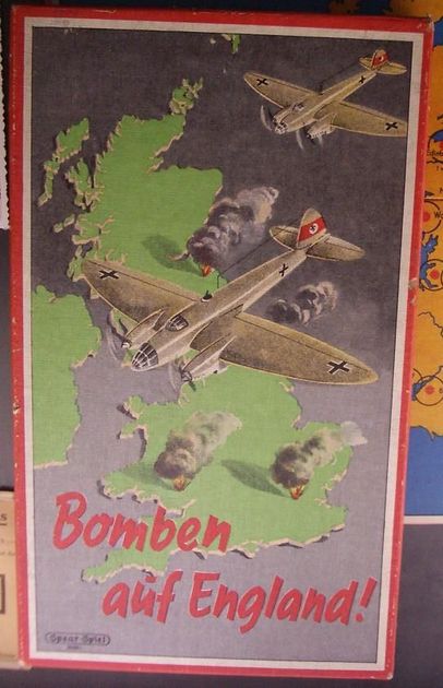 Vintage propaganda poster featuring a map of Great Britain with three aircraft overhead and clouds of smoke on the ground, with the text "Bomben auf England!" at the bottom.