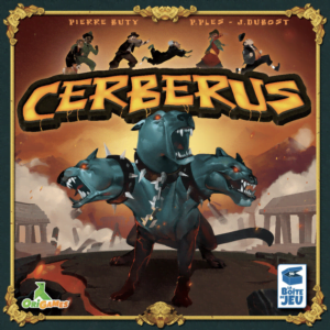 Image of the board game "Cerberus" cover, depicting a stylized illustration of the three-headed mythological dog Cerberus in chains, with a volcanic landscape and ancient ruins in the background, and figures of people hovering in the upper left corner. The game's title "CERBERUS" is in bold, fiery letters, with credits to creators Pierre Buty, P. Plès, and J. Dubost above, and logos for Origames and La Boîte de Jeu at the bottom.