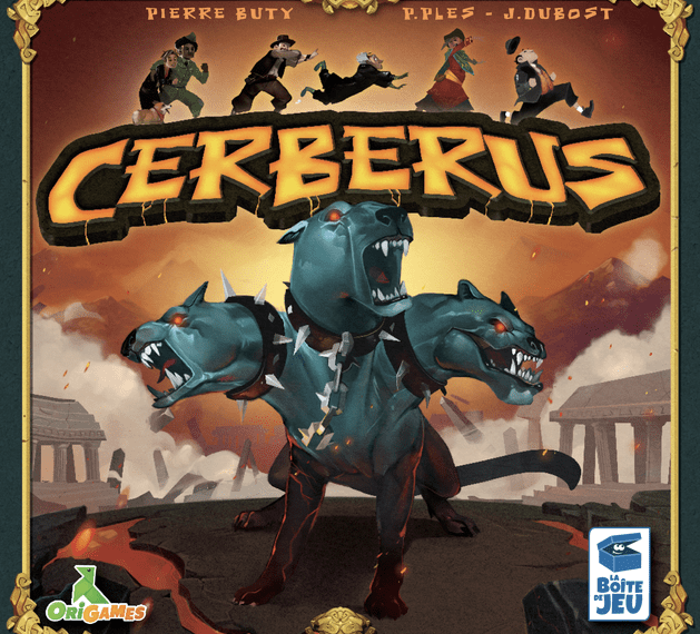 Image of the board game "Cerberus" cover, depicting a stylized illustration of the three-headed mythological dog Cerberus in chains, with a volcanic landscape and ancient ruins in the background, and figures of people hovering in the upper left corner. The game's title "CERBERUS" is in bold, fiery letters, with credits to creators Pierre Buty, P. Plès, and J. Dubost above, and logos for Origames and La Boîte de Jeu at the bottom.