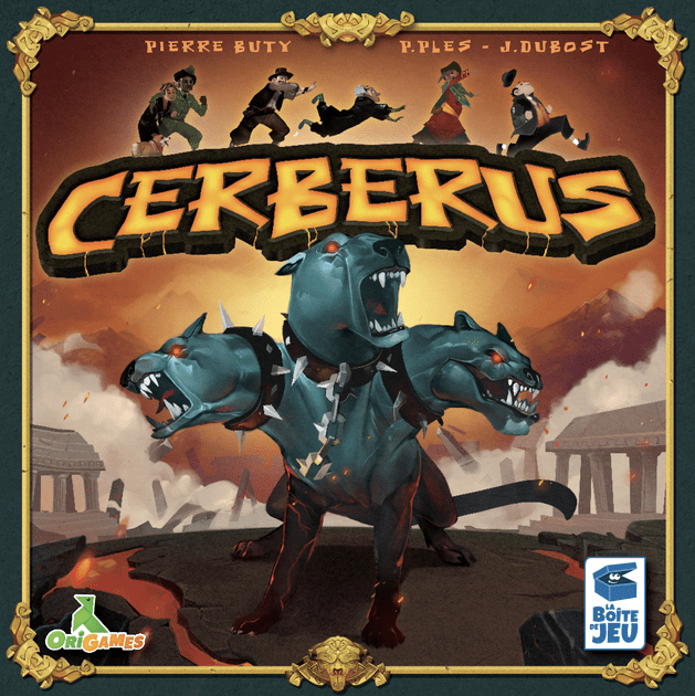 Image of the board game "Cerberus" cover, depicting a stylized illustration of the three-headed mythological dog Cerberus in chains, with a volcanic landscape and ancient ruins in the background, and figures of people hovering in the upper left corner. The game's title "CERBERUS" is in bold, fiery letters, with credits to creators Pierre Buty, P. Plès, and J. Dubost above, and logos for Origames and La Boîte de Jeu at the bottom.