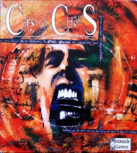 A vivid and chaotic artwork for a game titled "City of Chaos," featuring expressionistic painting of an open-mouthed face in agony, overlaid with scribbled text and the Monocle Games logo.