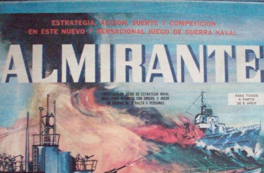 Vintage board game box cover with the title "ALMIRANTE", featuring a painted naval battle scene and text advertising strategy, action, luck, and competition for ages 8 and up.