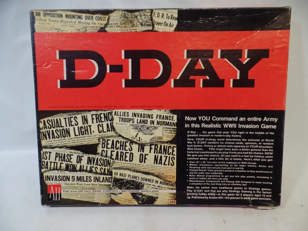 A vintage Avalon Hill board game box titled "D-DAY" with various headlines and texts referencing WWII printed on its cover.
