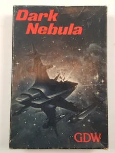 A worn book cover with the title "Dark Nebula" in red uppercase letters at the top, featuring a dark silhouette of a spaceship against a starry space background with a ghostly nebula, and the initials "GDW" in red at the bottom.