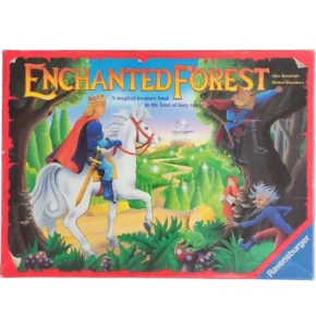Board game cover for "Enchanted Forest" depicting a magical treasure hunt scene with a knight on a white horse, a dark-cloaked figure with bat wings, a small red-hooded character, and an elderly figure carrying a scroll, all set in a colorful fairy tale landscape with a castle in the distance.