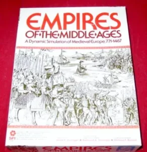 Box cover of the board game "Empires of the Middle Ages" featuring the title in bold red letters at the top and a detailed black-and-white illustration of medieval European scenes, including soldiers and ships, with the subtitle "A Dynamic Simulation of Medieval Europe, 771-1467" below.