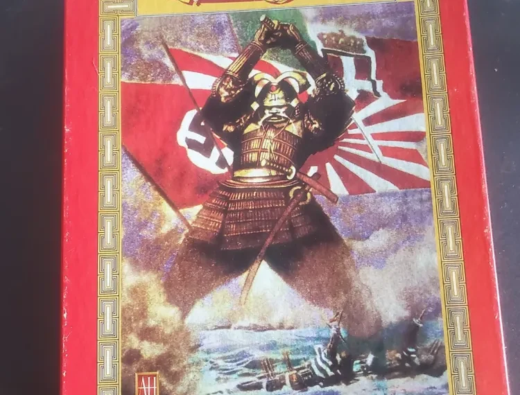 A board game box titled "Empire of the Rising Sun" with a stylized depiction of a samurai in armor against a backdrop of waving flags.