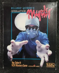 VHS cover for "Ellery Queen's Operation: Murder", a You-Solve-It VCR Mystery Game by Spinnaker Video, featuring an image of a person in surgical attire reaching out towards the viewer.