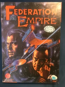 Board game cover art for "Federation and Empire" featuring stylized portraits of two male characters with spaceships and a cosmic background, labeled as the "DELUXE" edition.