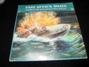 A board game titled "FAST ATTACK BOATS: A GAME OF THE ARAB-ISRAELI NAVAL WAR 1973" with an illustration of a military boat on the water with an explosion at its stern.