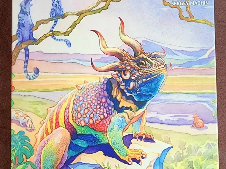 Board game cover titled "Evolution" with vibrant illustration of a fantastical lizard-like creature on a rocky landscape, surrounded by plant life and other smaller creatures, with the creators' names and North Star Games logo at the bottom.