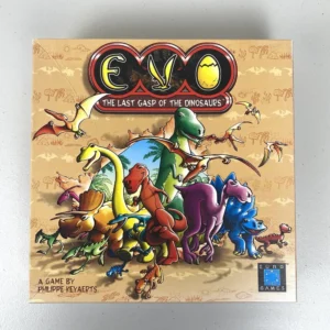 Board game cover for "EVO: The Last Gasp of the Dinosaurs," featuring colorful cartoon dinosaurs on a pale background with fossil silhouettes, designed by Philippe Keyaerts, produced by Euro Games.