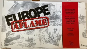 Board game cover titled "EUROPE ATLAND" with historical war images and text stating it's a fast-paced game of strategy and skill, for 2-4 players, ages 12 and up, and made by the makers of "Red Storm Rising" and "The Hunt for Red October" games.