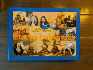 A board game box for "Europa Universalis" featuring a collage of historical paintings and figures with naval ships, battles, and portraits overlaid on a map background.