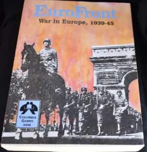 Box cover of the "EuroFront: War in Europe, 1939-45" board game featuring a stylized illustration of a military figure on horseback along with soldiers and a large building in the background, all set against a backdrop of a fiery sky. The Columbia Games logo and item number 3008 are in the bottom left corner.
