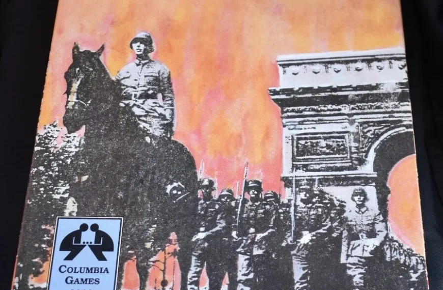 Box cover of the "EuroFront: War in Europe, 1939-45" board game featuring a stylized illustration of a military figure on horseback along with soldiers and a large building in the background, all set against a backdrop of a fiery sky. The Columbia Games logo and item number 3008 are in the bottom left corner.