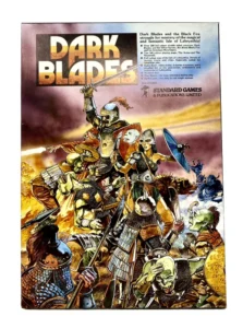 Alt text: Promotional material for a game entitled "DARK BLADES," featuring illustrated medieval fantasy characters in battle, with warriors and creatures clashing amidst a smoky battlefield backdrop. The top-right text outlines features of the game such as full-color double-sided counters, two large playing maps, and includes the publisher's name: STANDARD GAMES & PUBLICATIONS LIMITED.