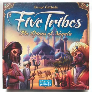 Board game cover for "Five Tribes: The Djinns of Naqala" by Bruno Cathala, featuring an illustrated fantasy Arabian setting with characters, camels, and Middle Eastern architecture under a twilight sky, with the "Days of Wonder" logo at the bottom.
