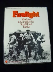 The image shows a board game cover titled "Firefight: Modern U.S. and Soviet Small Unit Tactics," featuring a black and white photograph of soldiers in action, with the title text in bold red and black letters at the top.