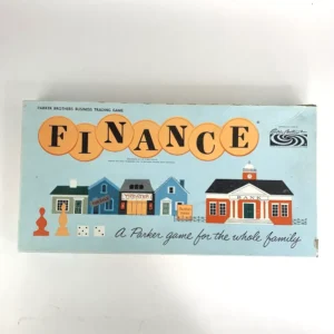 Vintage "Finance" board game box cover by Parker Brothers featuring stylized illustrations of houses, a bank, and game pieces, with the tagline "A Parker game for the whole family."