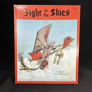 A vintage board game titled "Fight in the Skies" with an illustration of World War I biplanes in aerial combat on the cover. The game is for 2 to 12 players, ages 12 to adult, with a playing time of 45 minutes to 2 hours.