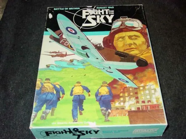A vintage board game titled "Fight for the Sky" depicting World War II aviators running towards planes with a pilot’s face and aircraft in the background.
