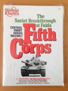 A magazine cover for "Strategy & Tactics" with the title "The Soviet Breakthrough at Fulda Fifth Corps" featuring a black and white image of a tank at the bottom, additional text about magazine contents, and a price tag in the upper right corner.