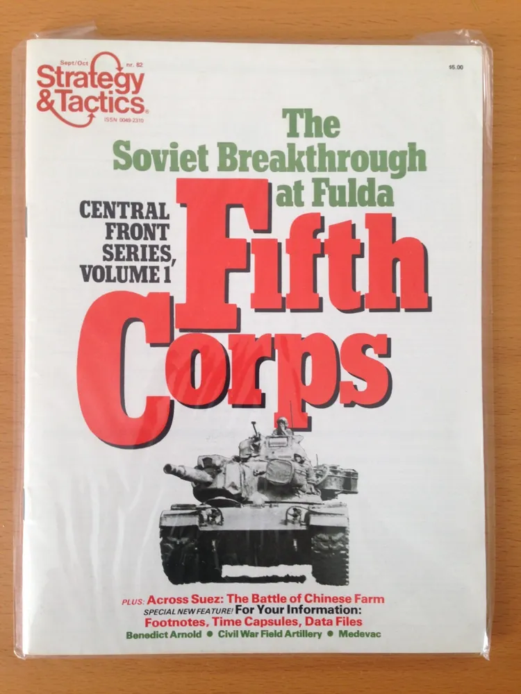 A magazine cover for "Strategy & Tactics" with the title "The Soviet Breakthrough at Fulda Fifth Corps" featuring a black and white image of a tank at the bottom, additional text about magazine contents, and a price tag in the upper right corner.
