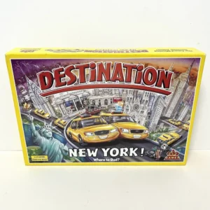 A board game box for "Destination New York," featuring colorful illustrations of New York City landmarks and yellow taxis, with text indicating it's for 2-6 players aged 8 to adult.