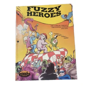 The image shows the cover of a game titled "FUZZY HEROES," described as "THE GAME OF CONFLICT FOR STUFFED ANIMALS AND TOYS," featuring colorful illustrations of animated stuffed animals and toys in various heroic poses, with the logo of Inner City Games Designs at the bottom. The cover has noticeable wear and a hole punched in the upper left corner.