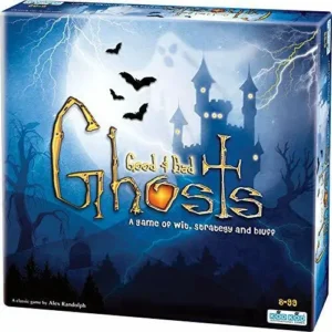 Board game "Good Bad Ghosts" box showing a spooky castle, bats, and lightning in the background, with the phrase "A game of Wit, Strategy and Bluff" and "A classic game by Alex Randolph" written on it. Suitable for ages 8-99.