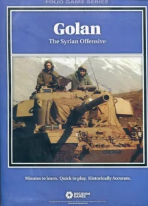 Cover of the board game "Golan: The Syrian Offensive" from the Folio Game Series, featuring two soldiers on a tank with a backdrop of mountains, published by Decision Games.