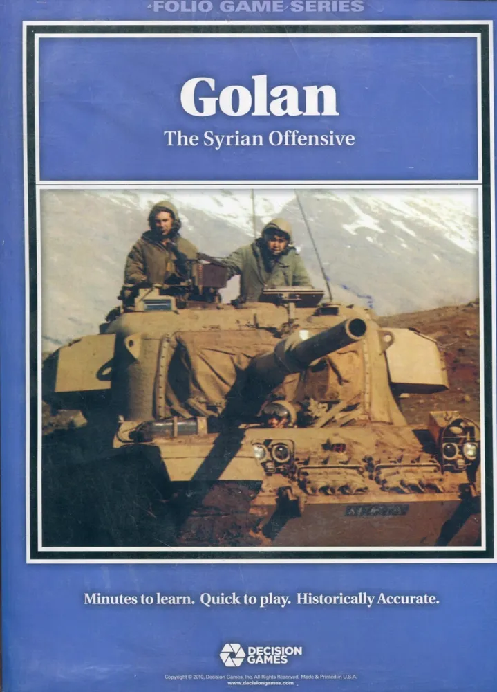 Cover of the board game "Golan: The Syrian Offensive" from the Folio Game Series, featuring two soldiers on a tank with a backdrop of mountains, published by Decision Games.