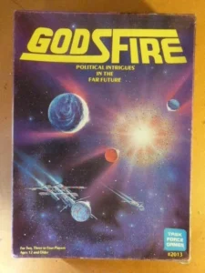Box cover of "GODSFIRE" board game featuring stylized space scene with colorful planets, spaceships, and a bright star, described by the subtitle "POLITICAL INTRIGUES IN THE FAR FUTURE" and noted as being for ages 12 and older by Task Force Games.