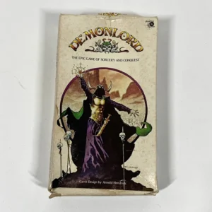 A worn board game box for "Demonlord: The Epic Game of Sorcery and Conquest" by Arnold Hendrick, featuring a graphic of a character in dark sorcerer attire with a horned helmet and holding a staff.