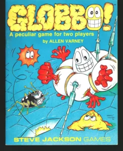 Cover art of a game titled "GLOOBS: A peculiar game for two players by ALLEN VARNEY - STEVE JACKSON GAMES," featuring cartoon-like characters with a smiling orb and various blobs, some with eyes, amid syringes and splats on a blue background.